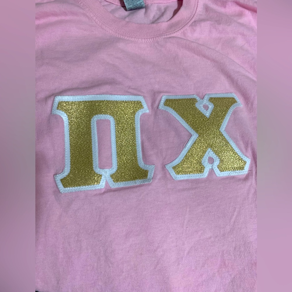 Pink and gold Pi Chi stitched letter shirt